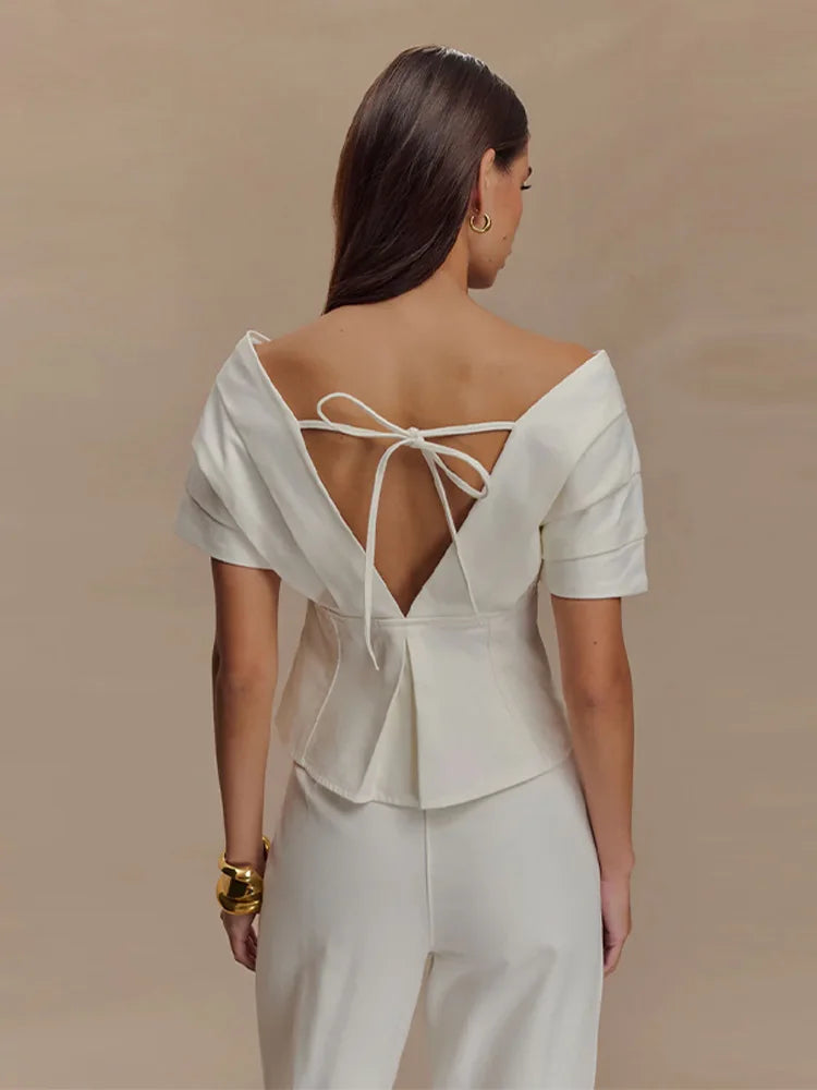 Damen Zweiteiler | Schulterfreies Peplum-Top und Hose mit Geradem Bein | Eleganter Moderner Stil