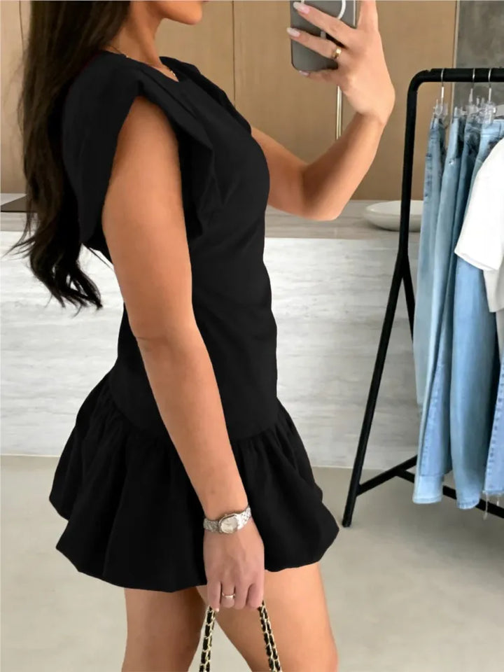 Damen Kleid Kurzarm Rundhals Rüschen Saum Kleid | Mini