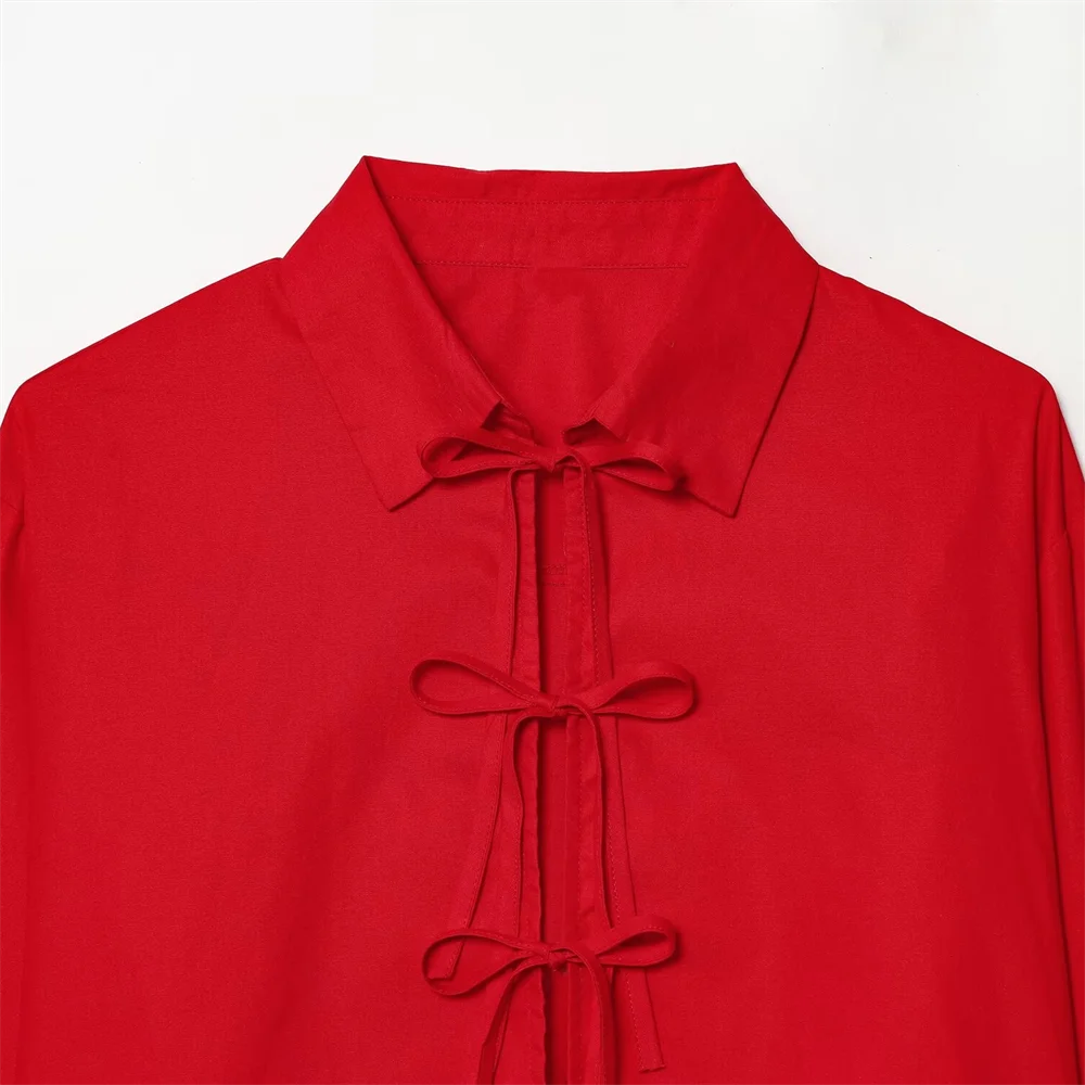 Damen Langarm Schnürung Vorne Schleife Kragen Crop Shirt | Casual