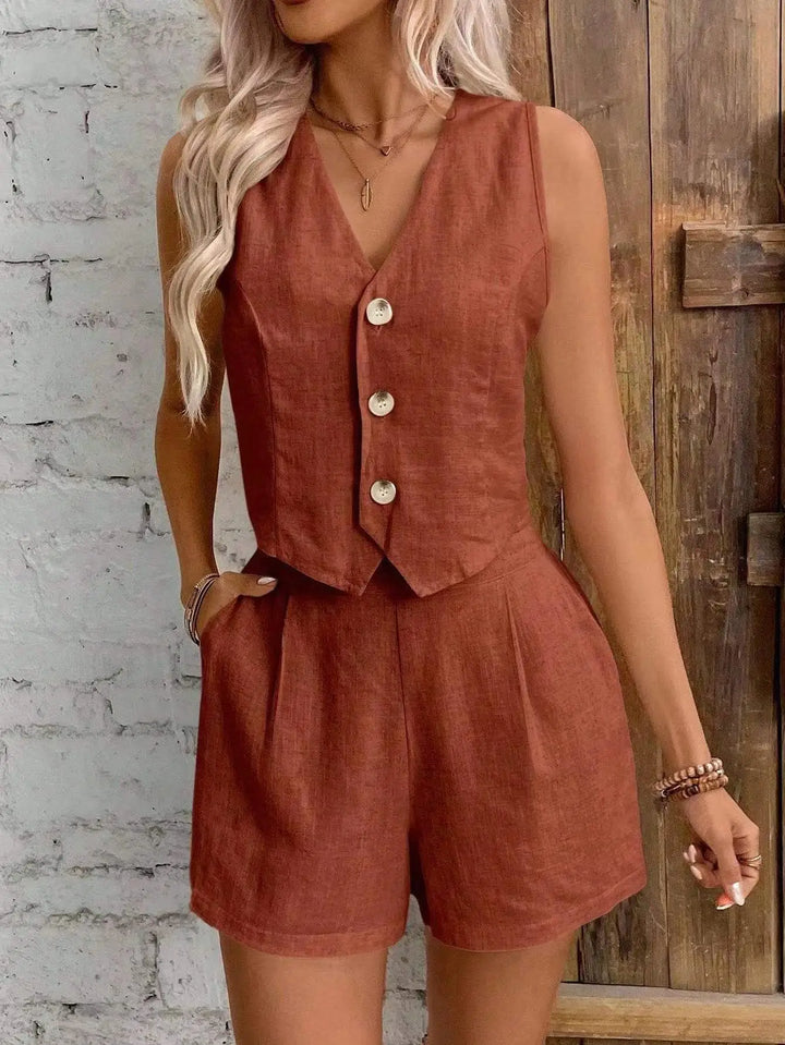 Damen Zweiteiliges Shorts-Set | Ärmellose Weste mit V-Ausschnitt und Shorts mit Hoher Taille | Moderner Sommerstil