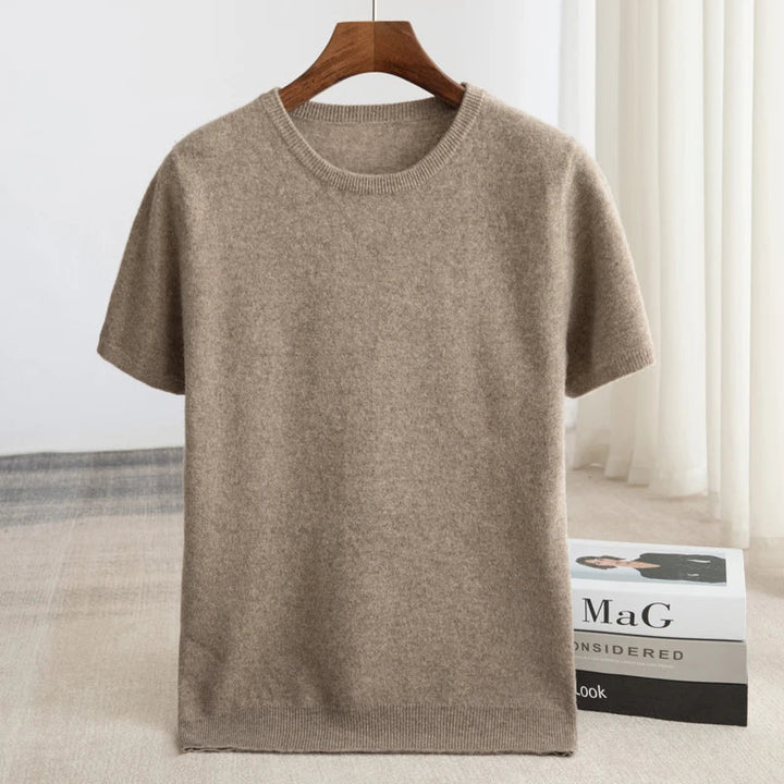 Herren Kurzarm Strick Pullover T Shirt mit Rundhalsausschnitt geripptem Saum | Minimalistisch