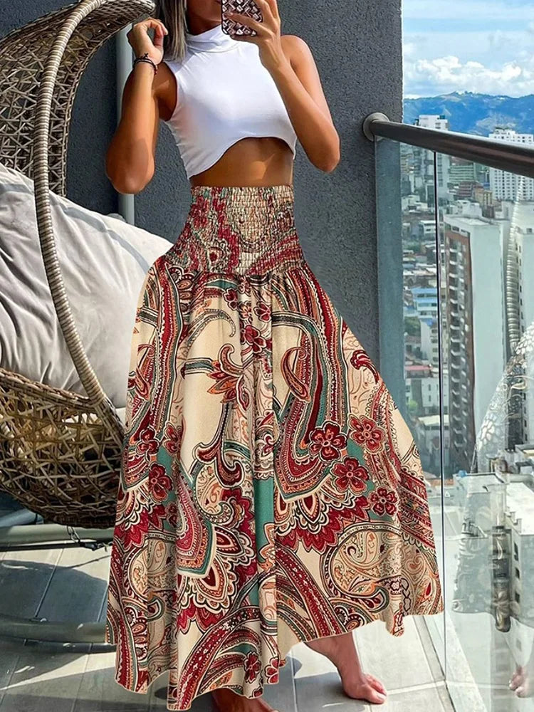 Gonna lunga a vita alta da donna | Motivo tropicale