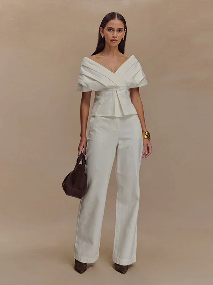Damen Zweiteiler | Schulterfreies Peplum-Top und Hose mit Geradem Bein | Eleganter Moderner Stil