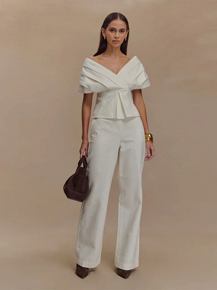 Damen Zweiteiler | Schulterfreies Peplum-Top und Hose mit Geradem Bein | Eleganter Moderner Stil