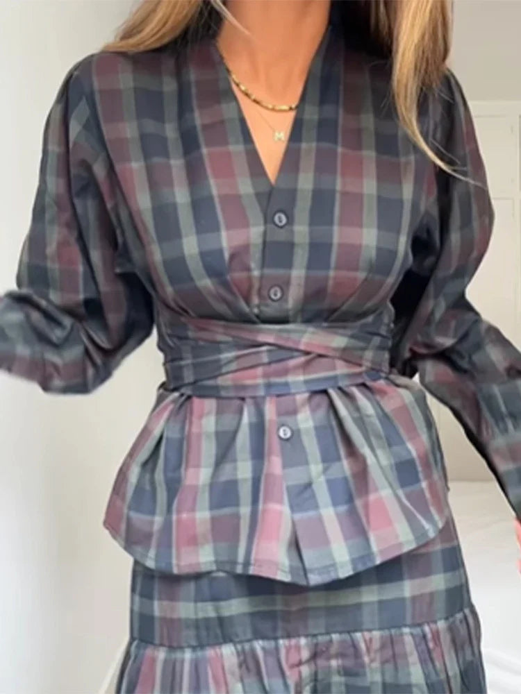 Damen Langarm Hemd mit Twist Taille Karomuster Knopfleiste | Langarm