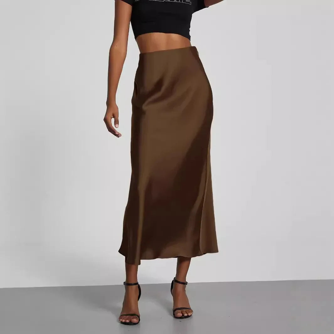 Damen High Waist Satinlook Rock Mit Schrägschnitt Ausgestellter Passform | Midi