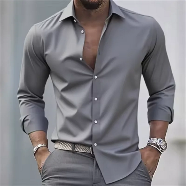 Herren Slim Fit Langarm Hemd mit Knopfleiste einfEarbig | Formal