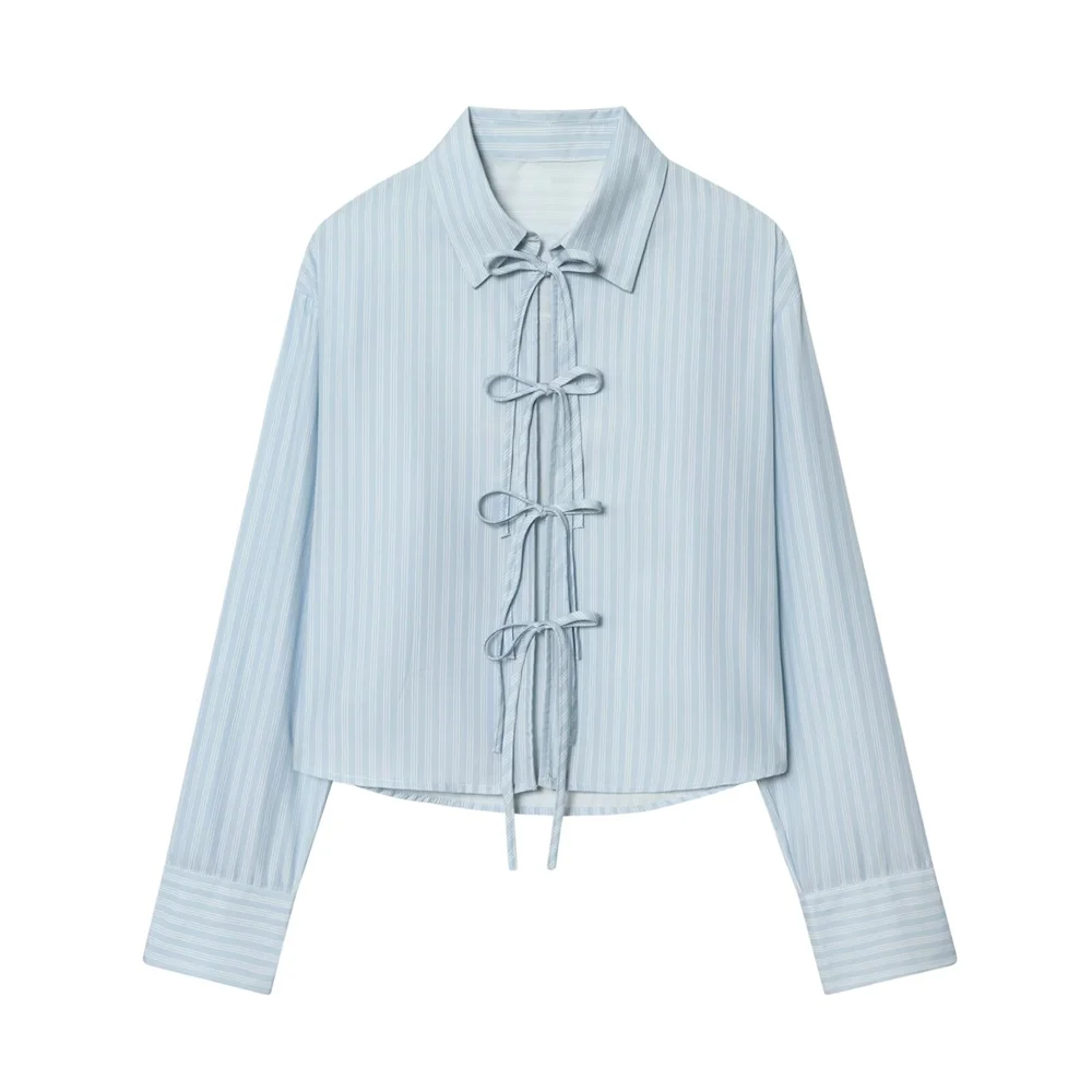Damen Langarm Schnürung Vorne Schleife Kragen Crop Shirt | Casual