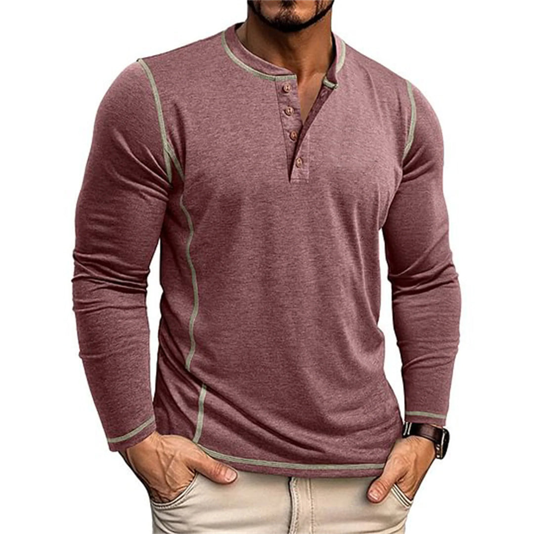 Herren Langarm Henley Shirt mit Knopfausschnitt Kontrastnähten | Freizeit
