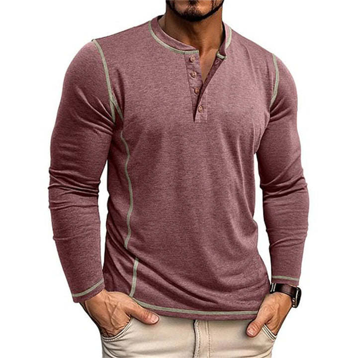 Herren Langarm Henley Shirt mit Knopfausschnitt Kontrastnähten | Freizeit