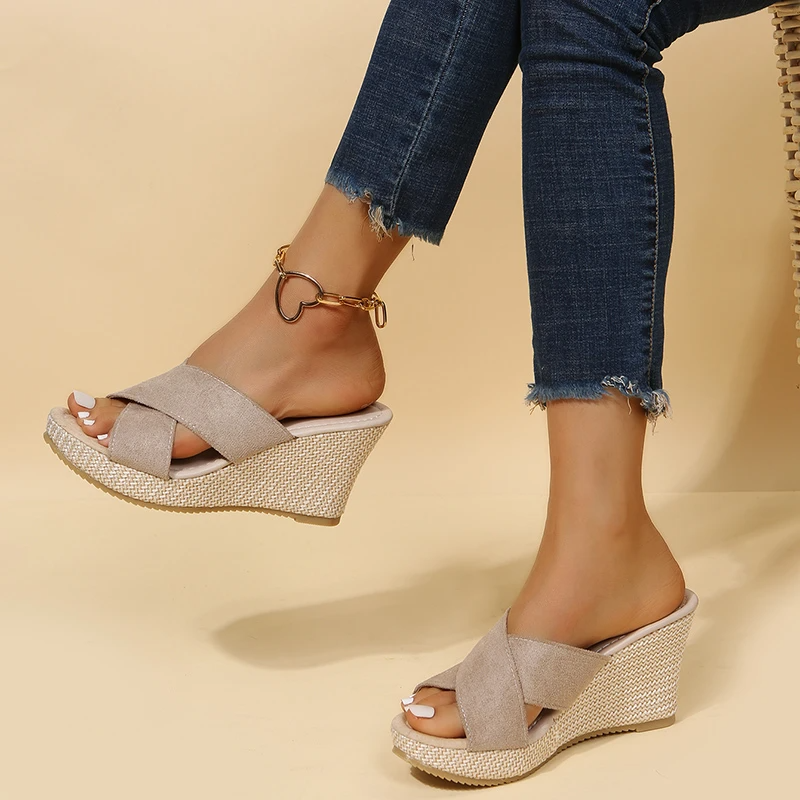 Damen Sandalen Kreuzriemen Offene Zehen Keilabsatz Sandalen | Slip On