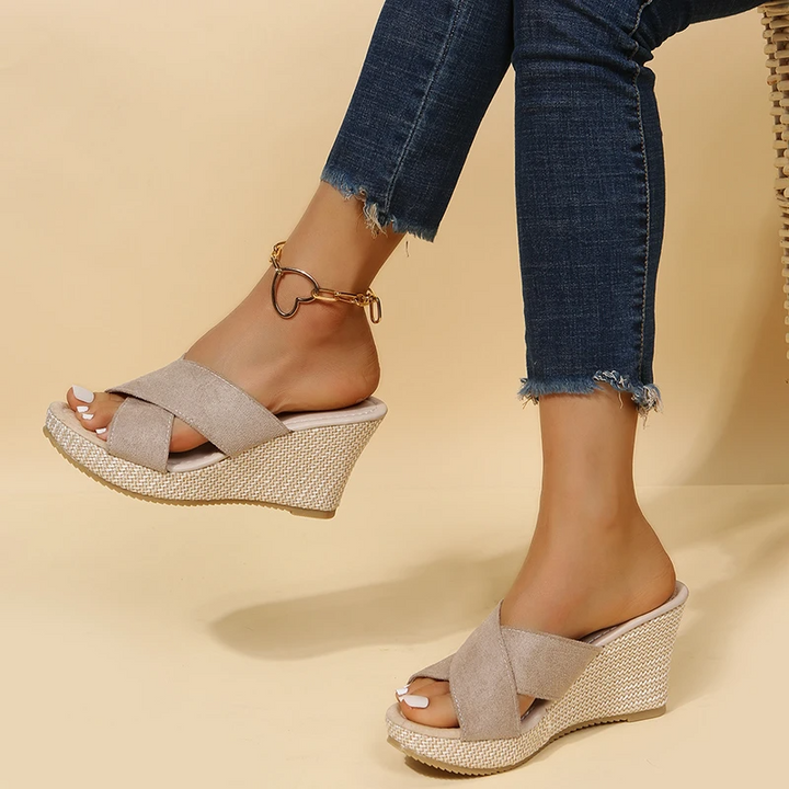 Damen Sandalen Kreuzriemen Offene Zehen Keilabsatz Sandalen | Slip On