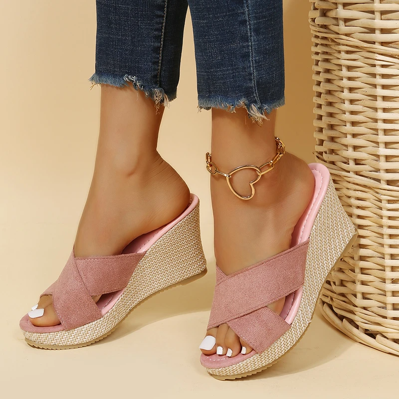 Damen Sandalen Kreuzriemen Offene Zehen Keilabsatz Sandalen | Slip On