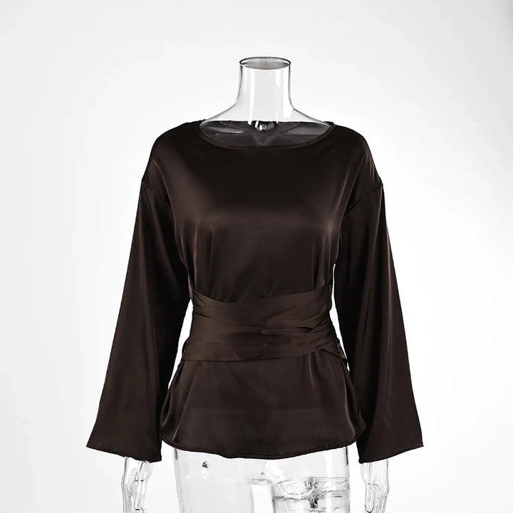 Damen Langarm Bluse Hemd mit geraffter Wickeltaille Rundhalsausschnitt Pullover Passform | Einfarbig