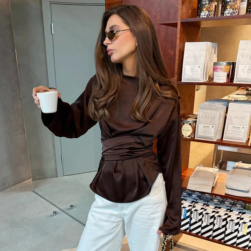 Damen Langarm Bluse Hemd mit geraffter Wickeltaille Rundhalsausschnitt Pullover Passform | Einfarbig