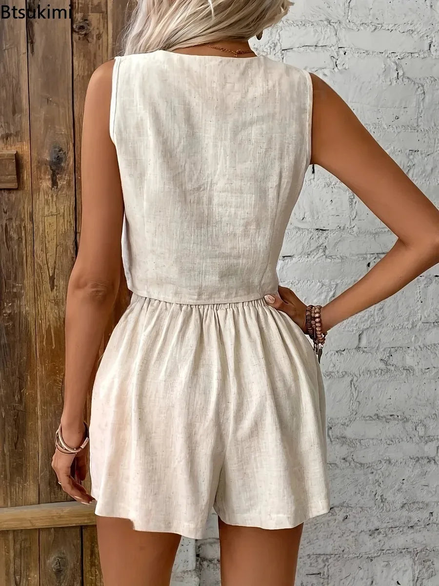 Damen Zweiteiliges Shorts-Set | Ärmellose Weste mit V-Ausschnitt und Shorts mit Hoher Taille | Moderner Sommerstil