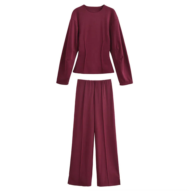 Damen Freizeit Set | Zweiteiliges Outfit mit Rundhalsoberteil | Weite Hose mit Nahtdetails | Lässiger Komfortlook