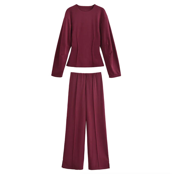 Damen Freizeit Set | Zweiteiliges Outfit mit Rundhalsoberteil | Weite Hose mit Nahtdetails | Lässiger Komfortlook