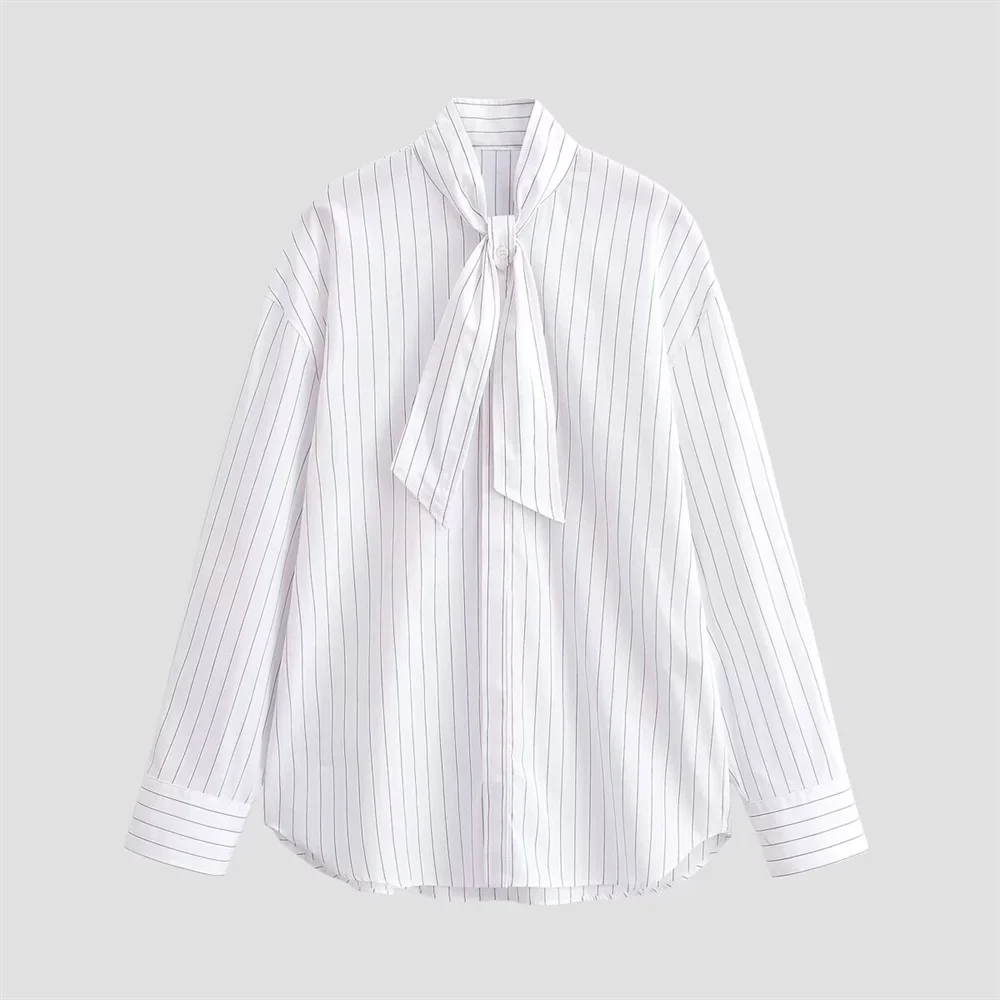Camicia Donna Manica Lunga Bottoni Frontali Laccio Fiocco Righe Verticali Camicia | Righe