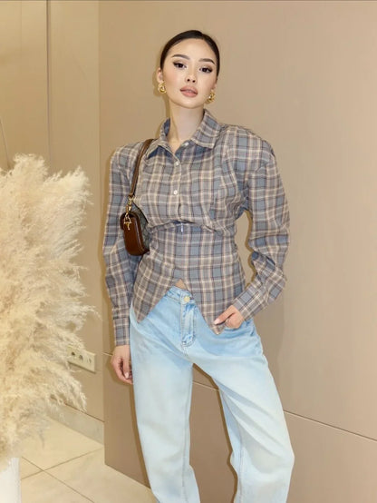 Camicia Donna Vita Stretta Quadri con Bottoni Manica Lunga Camicia | Manica Lunga