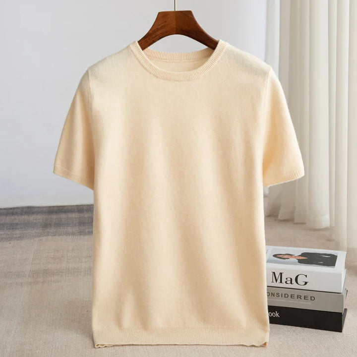 Herren Kurzarm Strick Pullover T Shirt mit Rundhalsausschnitt geripptem Saum | Minimalistisch