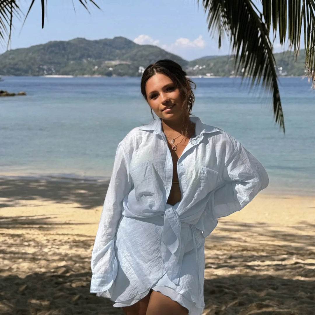 Damen Zweiteiler Set | Regular Fit Set | Langarmhemd und Minirock | Sommerlicher Freizeitstil