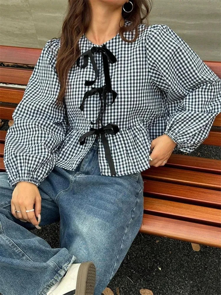 Damen Langarm Bluse mit Schleife vorne Gingham Peplum | Schleife