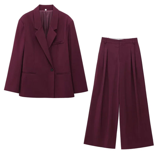 Dámský oversize blejzr a plisované široké kalhoty dvoudílný set | Kancelářský styl