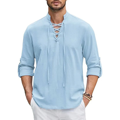 Camicia Uomo Collo alla Coreana con Laccio Frontale Manica Lunga Camicia | Scollo