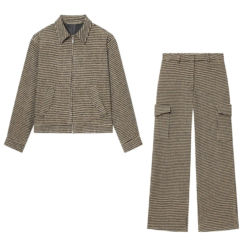 Set damă cu jachetă cu fermoar cu mânecă lungă și pantaloni cu picior drept | Stil vintage