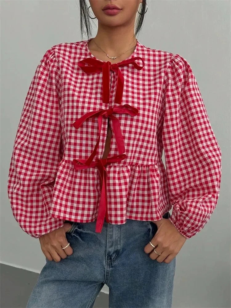 Damen Langarm Bluse mit Schleife vorne Gingham Peplum | Schleife