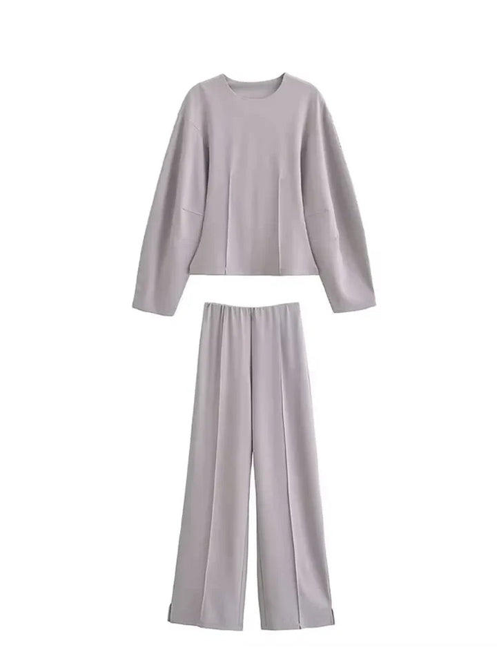 Damen Freizeit Set | Zweiteiliges Outfit mit Rundhalsoberteil | Weite Hose mit Nahtdetails | Lässiger Komfortlook