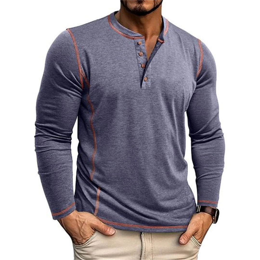 Herren Langarm Henley Shirt mit Knopfausschnitt Kontrastnähten | Freizeit