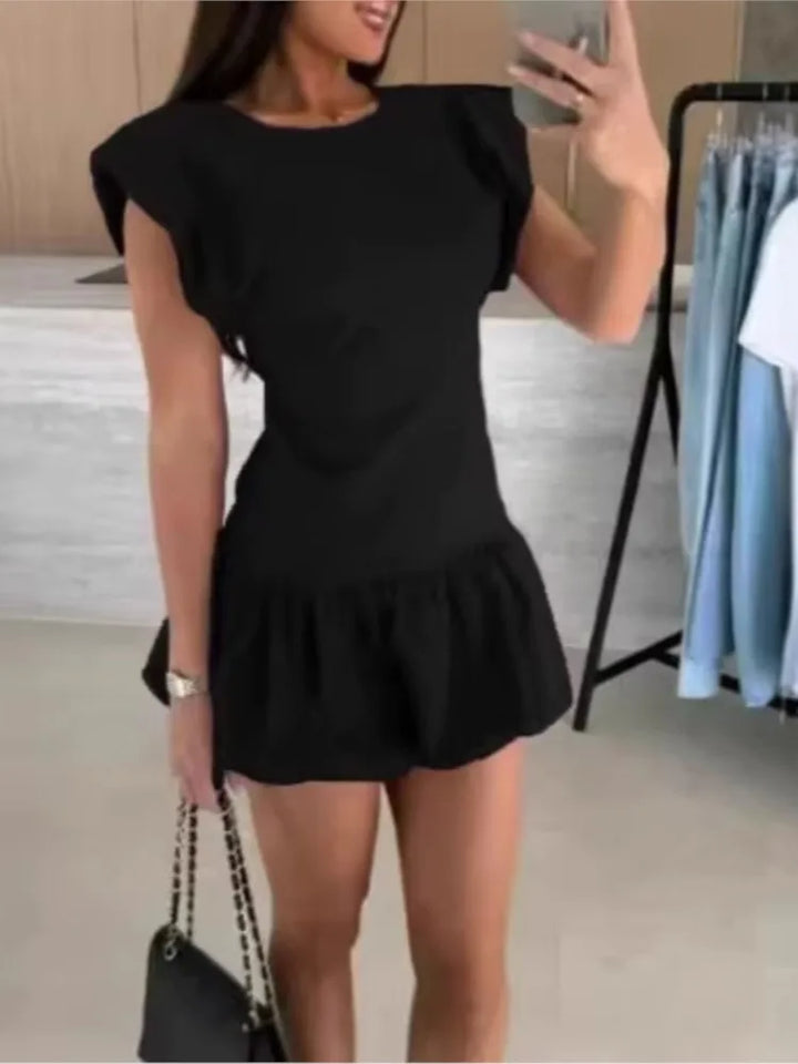 Damen Kleid Kurzarm Rundhals Rüschen Saum Kleid | Mini