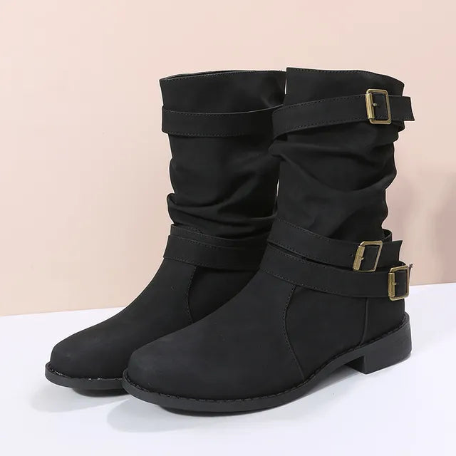 Schwarze Stiefel | Winter Stiefel Damen in Mittlerer Wadenhöhe mit Schnallendetails