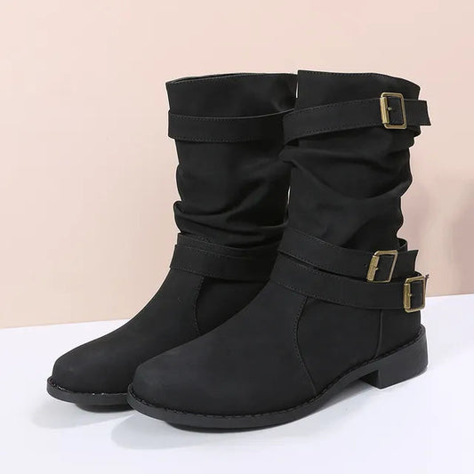 Schwarze Stiefel | Winter Stiefel Damen in Mittlerer Wadenhöhe mit Schnallendetails