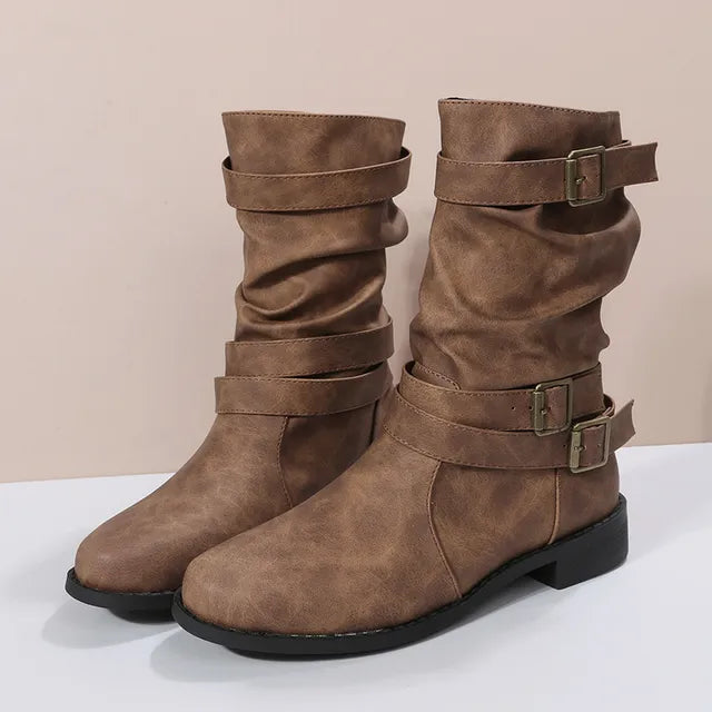 Schwarze Stiefel | Winter Stiefel Damen in Mittlerer Wadenhöhe mit Schnallendetails