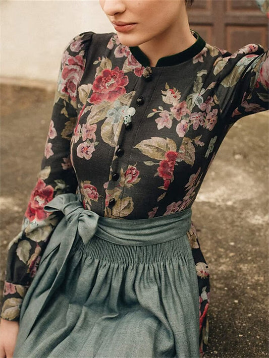Schwarzes Vintage Dirndl mit Blumenmuster – Oktoberfest | Mit Schürze für den klassischen Trachtenstil