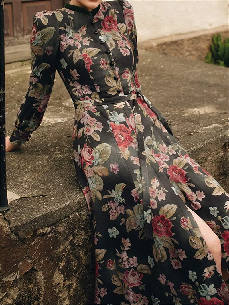 Schwarzes Vintage Dirndl mit Blumenmuster – Oktoberfest | Mit Schürze für den klassischen Trachtenstil