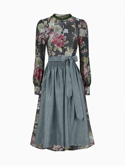 Schwarzes Vintage Dirndl mit Blumenmuster – Oktoberfest | Mit Schürze für den klassischen Trachtenstil