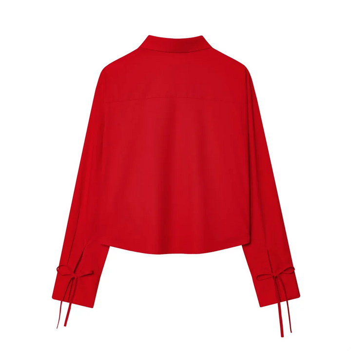 Damen Langarm Schnürung Vorne Schleife Kragen Crop Shirt | Casual
