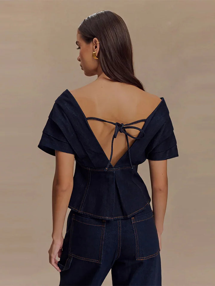 Damen Zweiteiler | Schulterfreies Peplum-Top und Hose mit Geradem Bein | Eleganter Moderner Stil