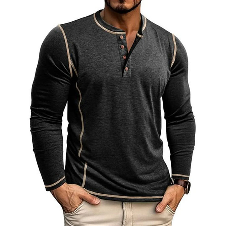 Herren Langarm Henley Shirt mit Knopfausschnitt Kontrastnähten | Freizeit