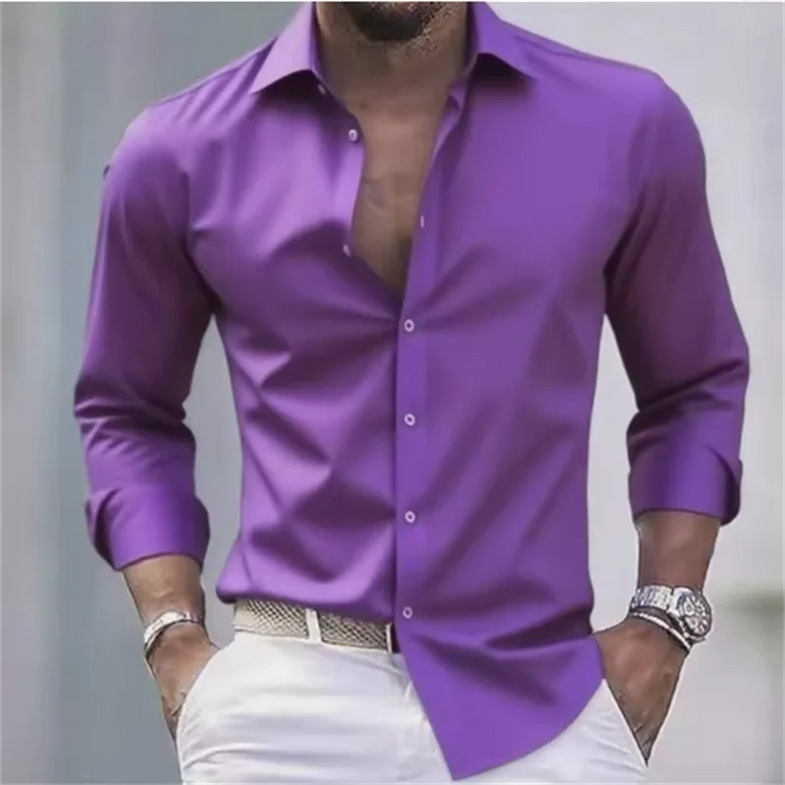 Herren Slim Fit Langarm Hemd mit Knopfleiste einfEarbig | Formal