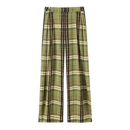 Women's High Waist Plaid Wide Leg Casual Pants | Straight Cut