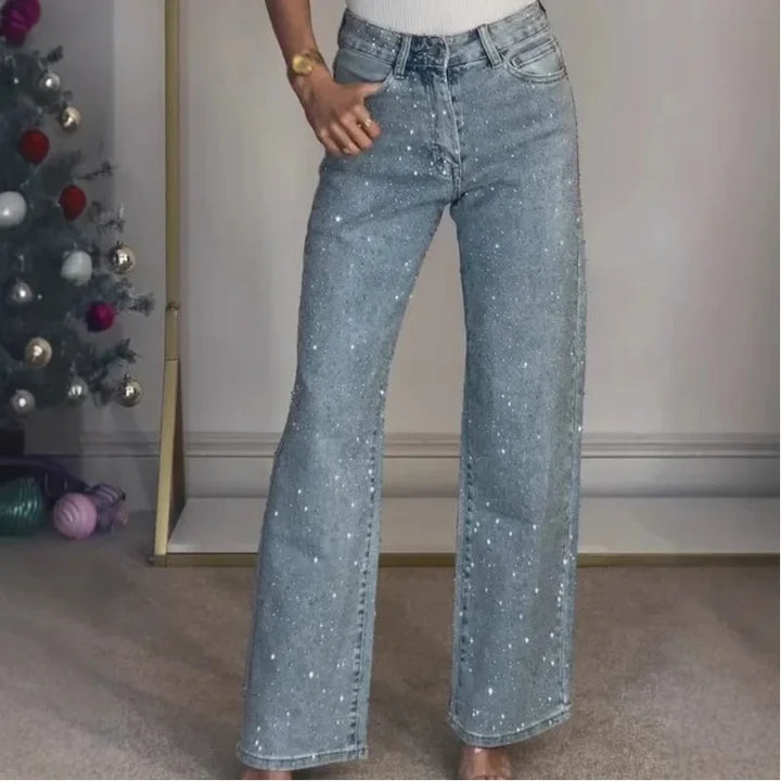 Damen High Waist Hose mit weitem Bein und Strassdetails | Ausgestellte Passform