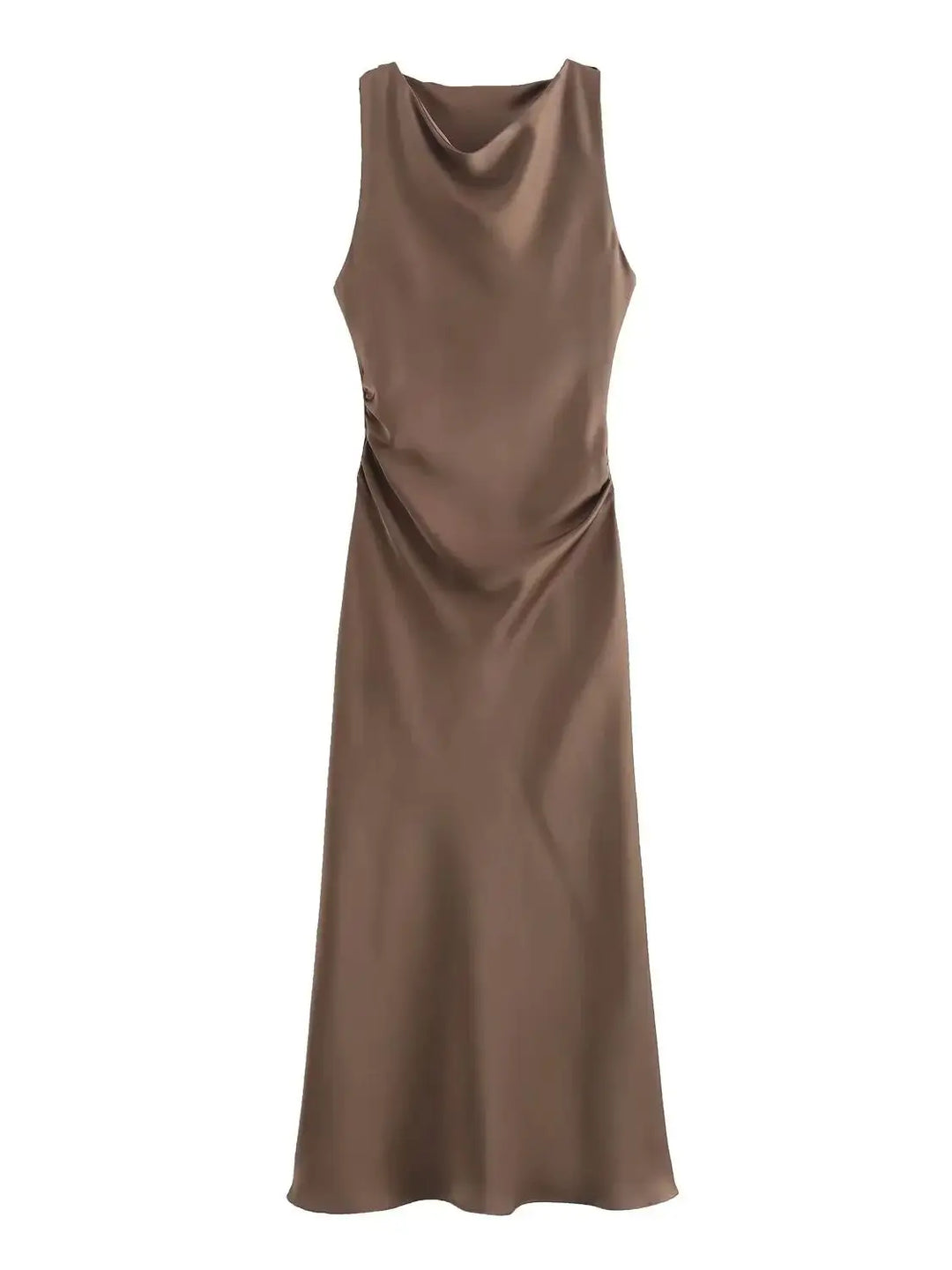 Damen Kleid Ärmellos Rundhals Geraffte Taille Kleid | Midi