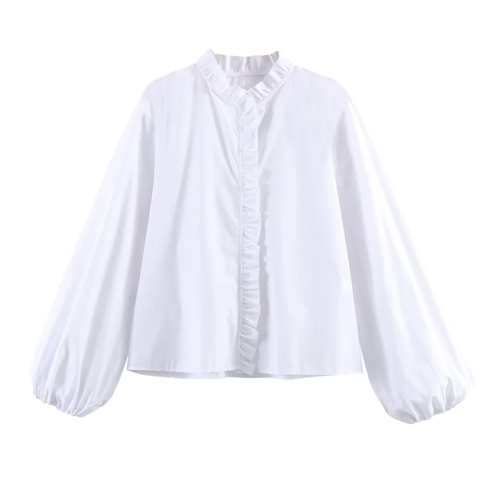 Camicia donna con colletto arricciato, bottoni, maniche lunghe | Classica
