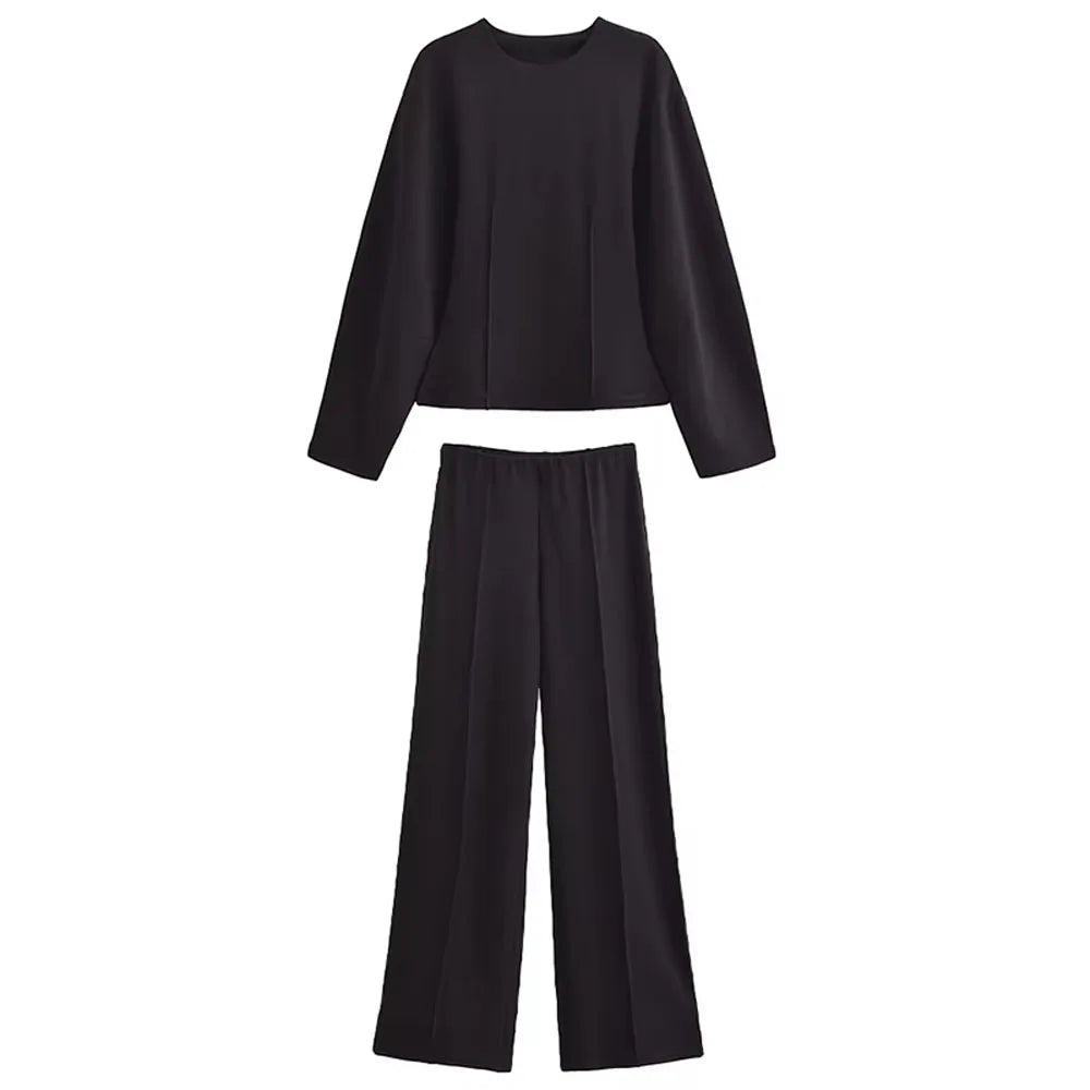 Damen Freizeit Set | Zweiteiliges Outfit mit Rundhalsoberteil | Weite Hose mit Nahtdetails | Lässiger Komfortlook