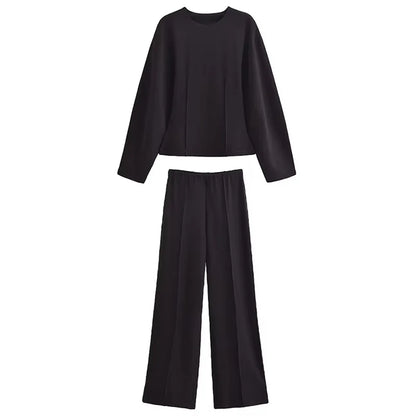 Damen Freizeit Set | Zweiteiliges Outfit mit Rundhalsoberteil | Weite Hose mit Nahtdetails | Lässiger Komfortlook